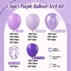 136pcs Purple Balloons Garland Arch Kit, 18 12 10 5 In Dark Light Metallic Pu…