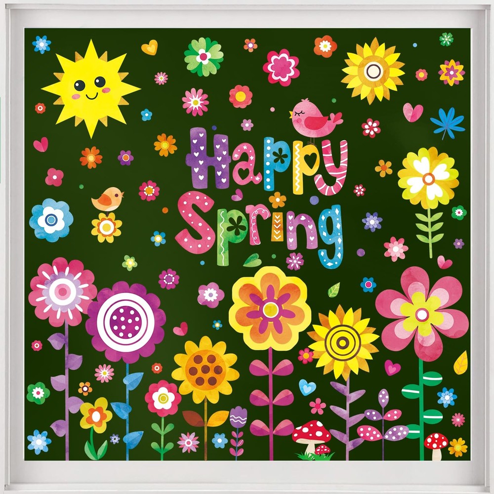 8 Sheets Spring Flowers Window Clings, Happy Spring Flower Bird Stickers Colorfu