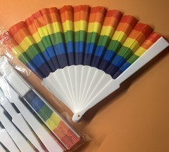12 Pk Folding Hand Fans Rainbow White Plastic Handle Party Festivals