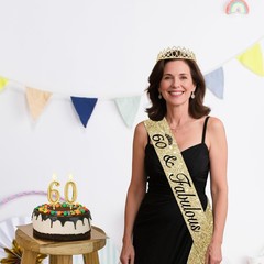 60th Birthday Decorations for Women Gold with Sash and Tiara,