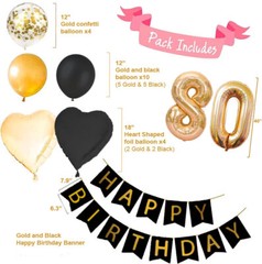 80th Birthday Decorations – Gold and Black Theme – Balloons, Banner – Him or Her