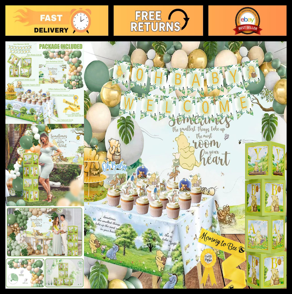 132pcs Vintage Winnie Baby Shower Decorations Kit, Pooh Party Supplies & Backdro