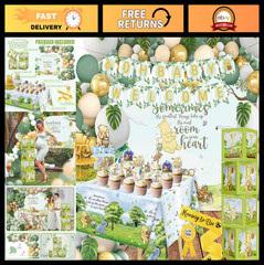 132pcs Vintage Winnie Baby Shower Decorations Kit, Pooh Party Supplies & Backdro
