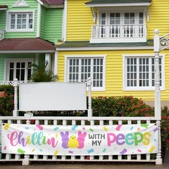 Happy Easter Decorations Chillin with My Bunny Fence Banner Yard Sign 9.8 x 2 ft