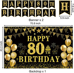 80th Birthday Decorations for Men and Women, Black and Gold Vintage Party Suppli