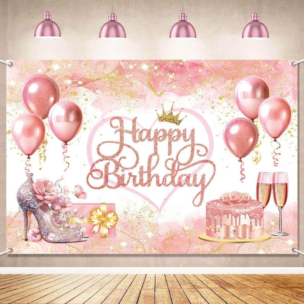 Rose Gold Happy Birthday Backdrop Banner Pink Rose Gold Birthday Decorations