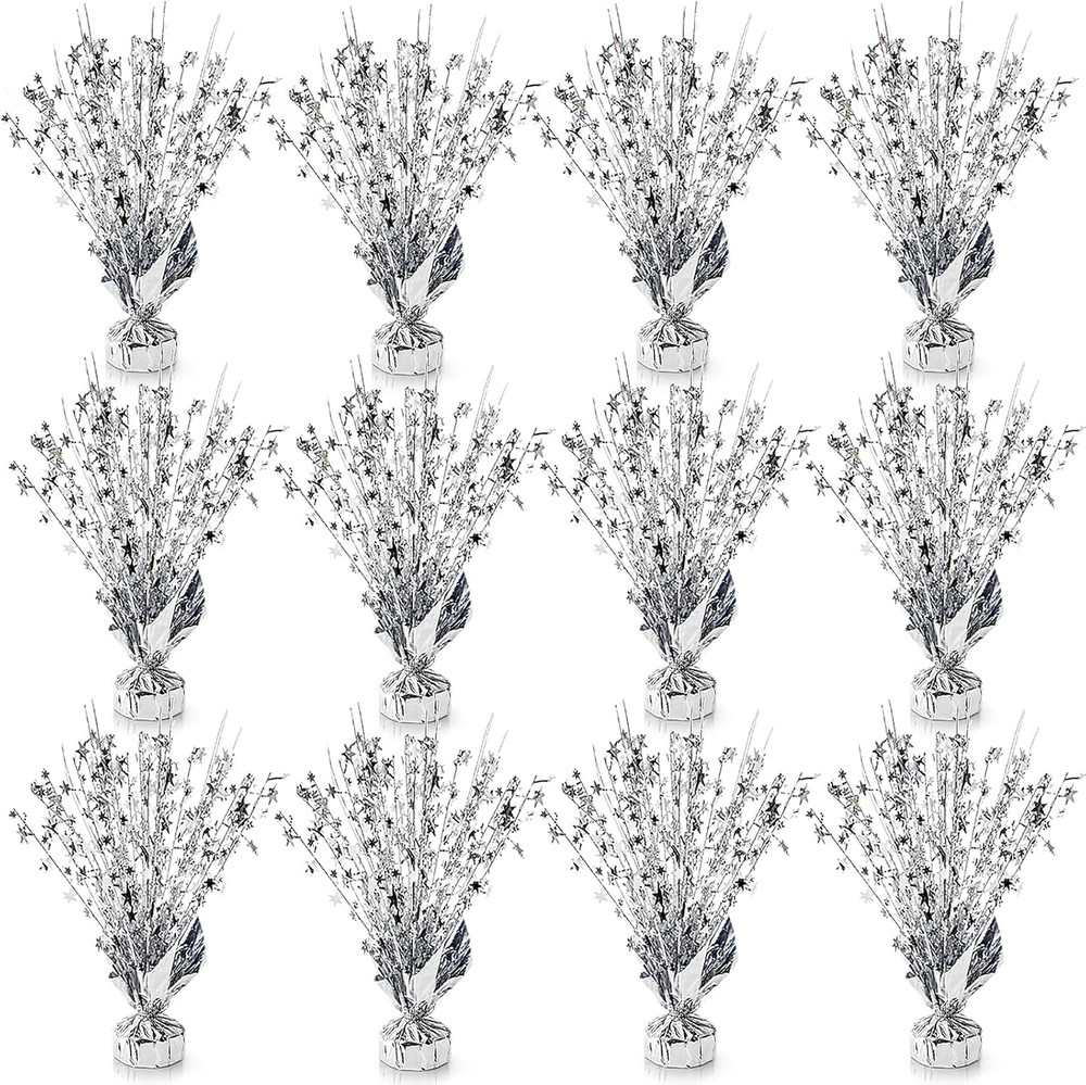 12 Pack Metallic Foil Spray Centerpiece, Glitter Silver Star Table Decoration, B