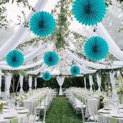 Vibrant Teal Hanging Decorations – Set of 6 Durable Paper Fans for All Occasions