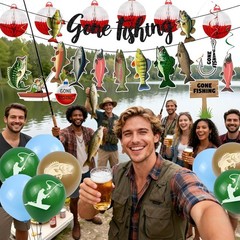 Fishing Birthday Party Decorations, Gone Fishing Themed Banner Fish Net Decor Ga