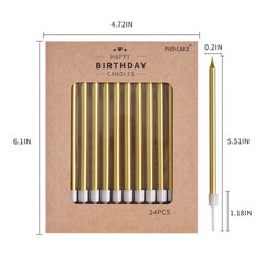 PHD CAKE Gold Long Thin Metallic Birthday Candles, Cake 24 count,