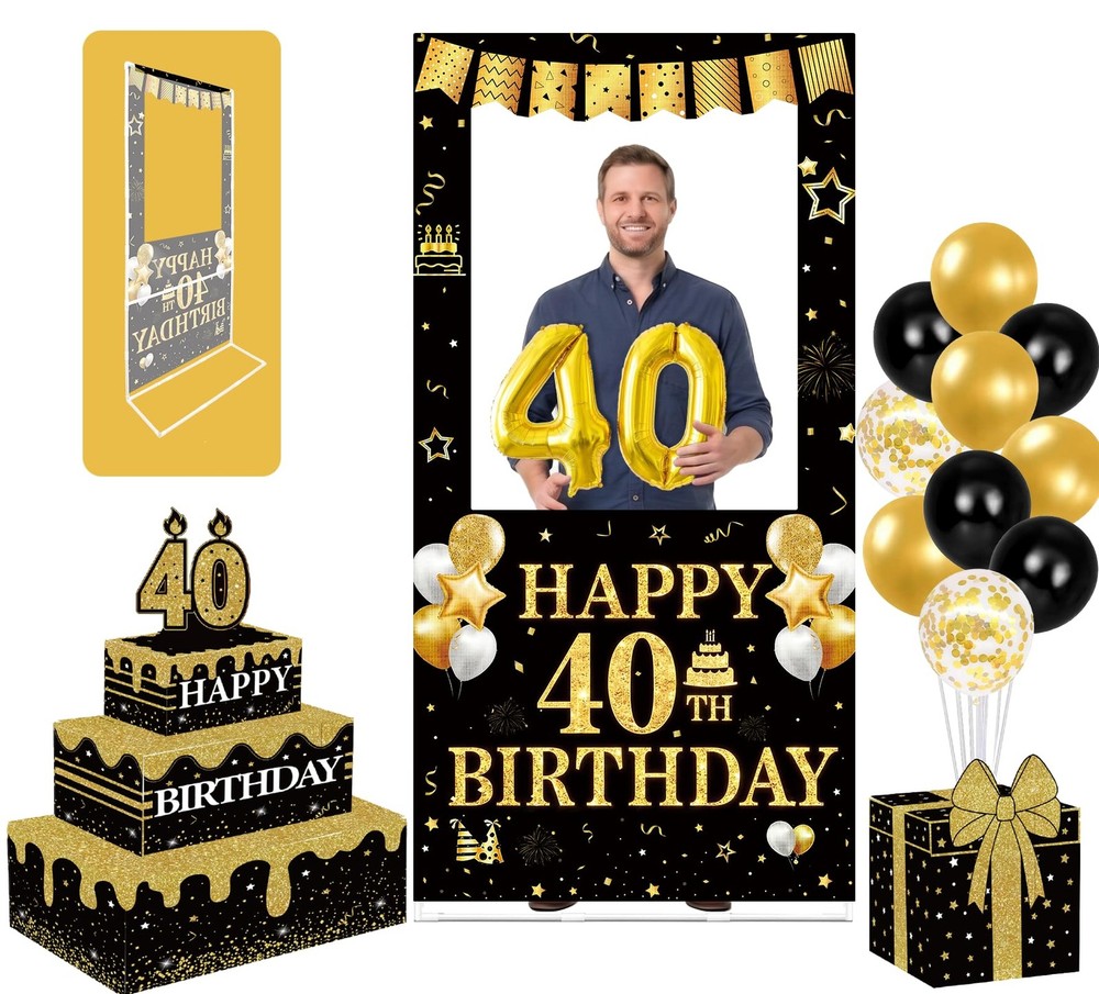 40th Decorations for Men, 29Pcs Photo Booth Prop Set with Freestanding Frame,…