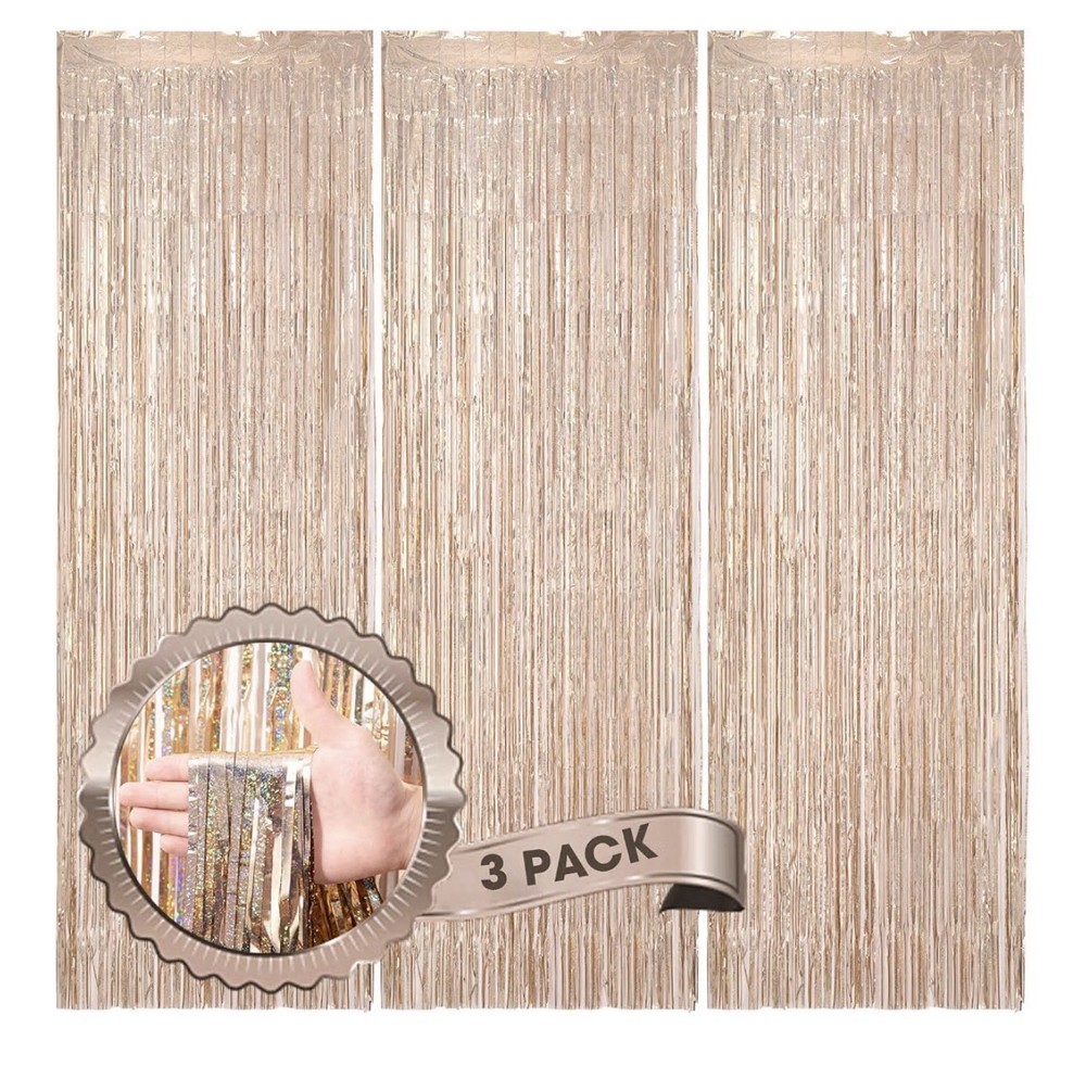 3 Pack 3.3 x 8.2 ft Laser Champagne Foil Fringe Backdrop Curtains Tinsel Party