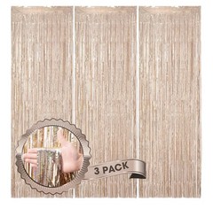 3 Pack 3.3 x 8.2 ft Laser Champagne Foil Fringe Backdrop Curtains Tinsel Party