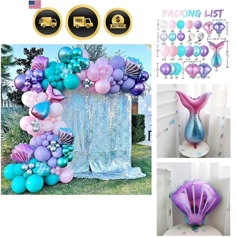 Mermaid Party Balloon Arch Kit, 154Pcs Green Purple Little Mermaid Party Deco…