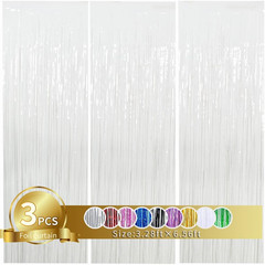 3Pcs White Metallic Tinsel Foil Fringe Curtains, 3.28Ft X 6.56Ft White Photo Boo