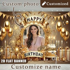 2D Golden Theme Personalized Birthday Custom Poster Name Photo Backdrop Banner❀