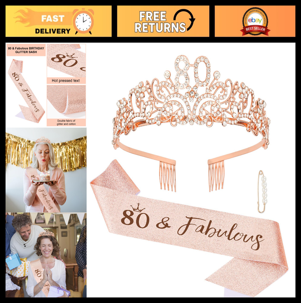 80th Birthday Decorations Set – Crown, Sash & Glitter Kit for Women Party Suppli