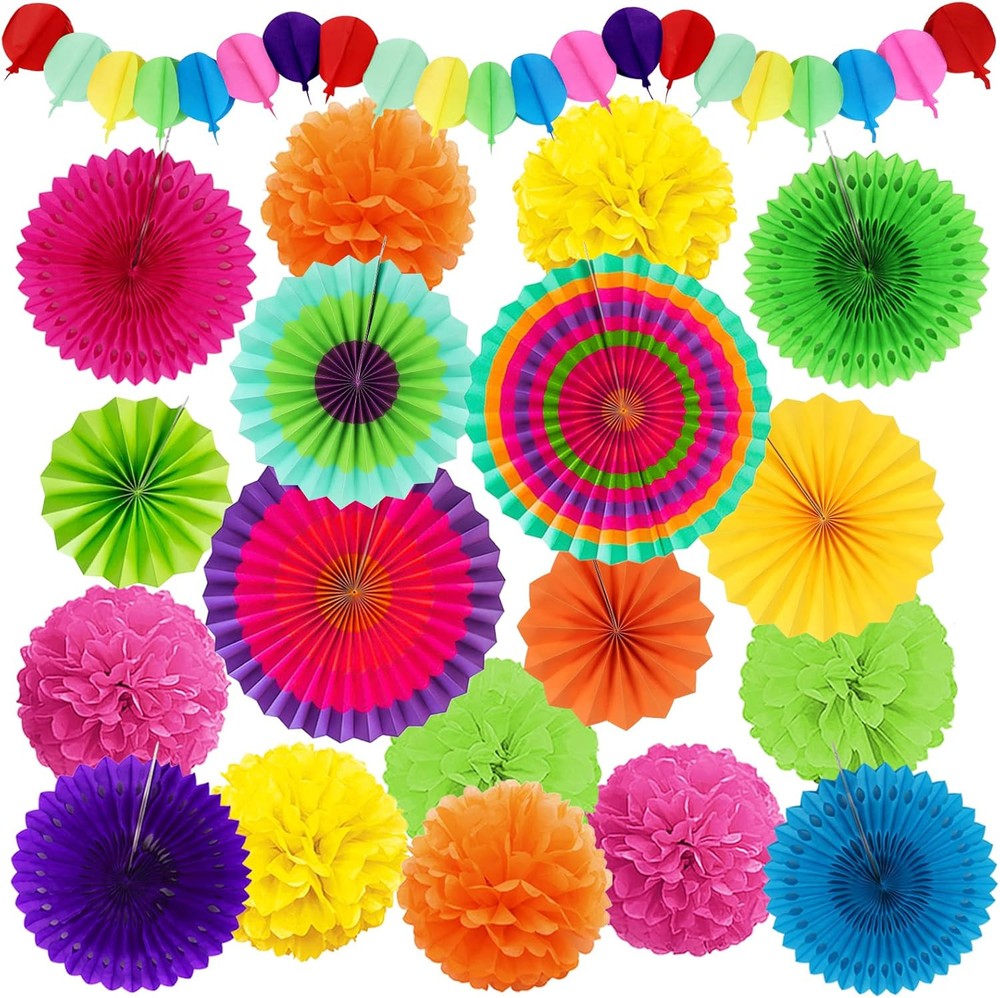 Fiesta Party Decorations, Multicolored Paper Pompoms Fan Garlands for Multi