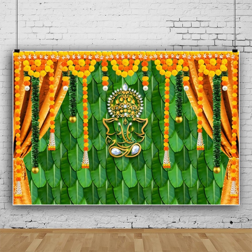 Indian Pooja Traditional Festival Backdrop Marigold Green Banana Leaf Ganesh