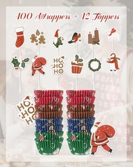 400 Pcs Mini Xmas Cupcake Liners Wrappers With 12 Pcs Holiday Toppers Kit