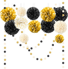 Black Gold Party Decorations, 15 PCS Tissue Paper Pom Poms Kit for 2026 Graduati