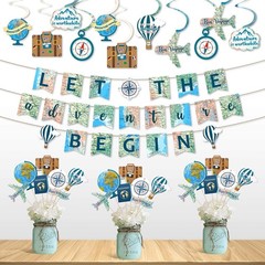 52pcs Travel Party Decorations – Adventure Begins Banner, Hanging Swirls, Table