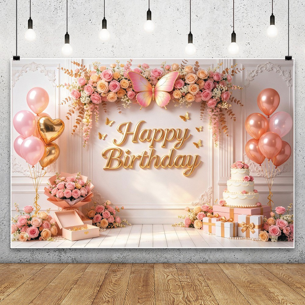 Pink Happy Birthday Backdrop Celebration Party Banner Photo Booth Background