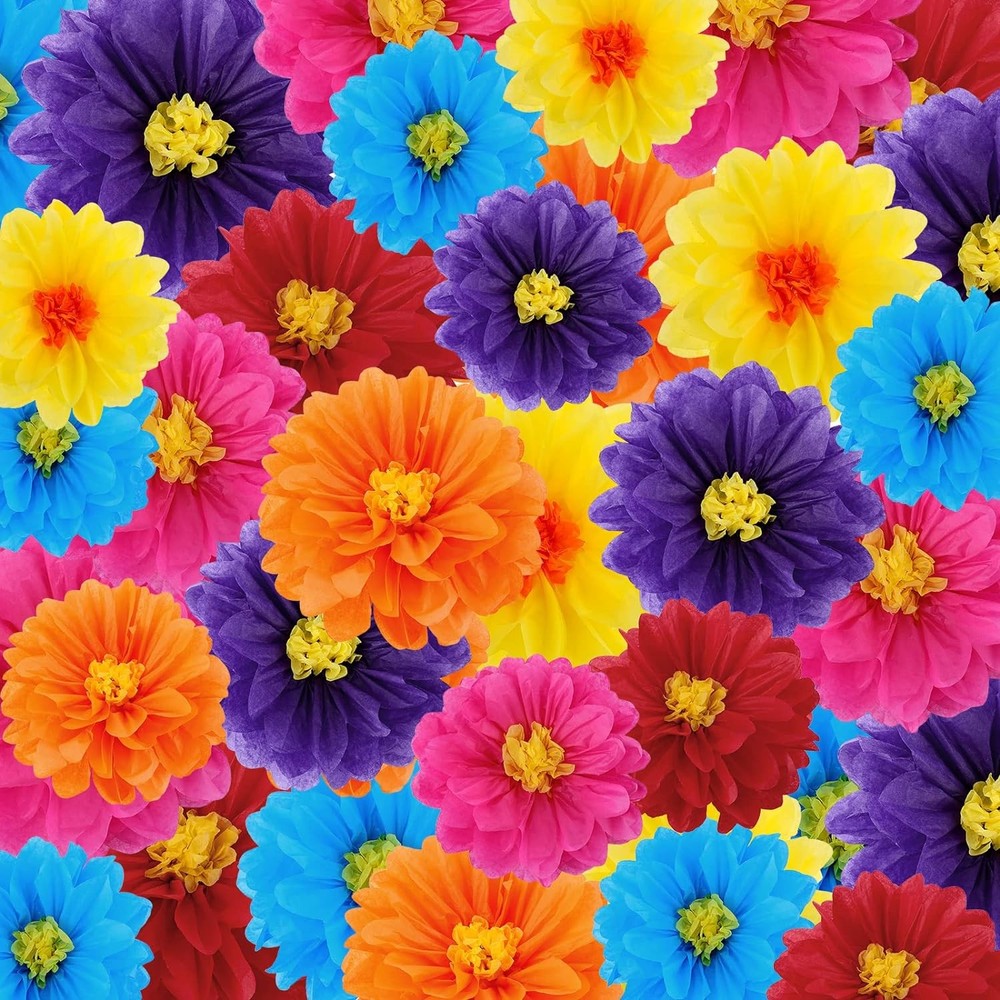 36 Pcs Mexican Paper Flowers Colorful Fiesta Tissue Paper Flowers Pom Poms Me…
