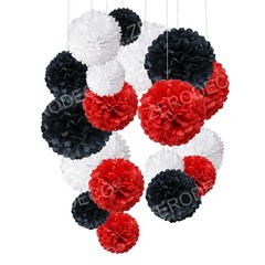 18 Pack Tissue Paper Pom Poms Flower Ball Birthday Red Black White