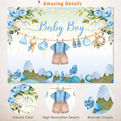 Blue Floral Baby Shower Backdrop Banner Decorations for Boy,Watercolor Flower Oh