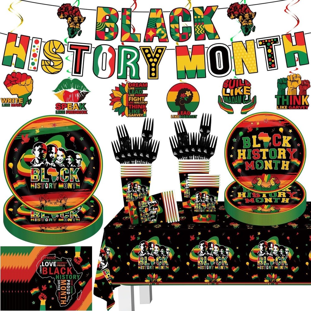 Black History Disposable Multicolor Set (Plates Napkins Cups Forks Tablecover)