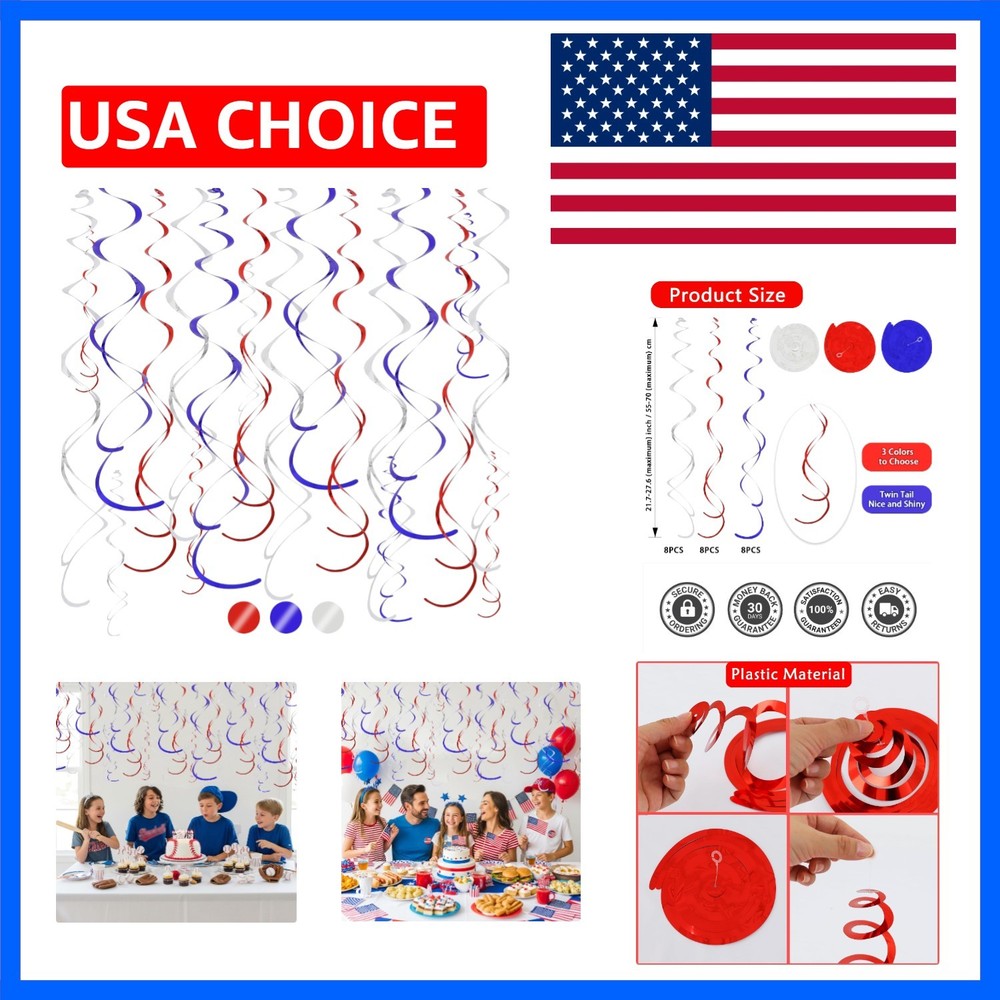 Red Blue Silver Hanging Swirls 250 Anniversary Party Decorations Plastic Stre…