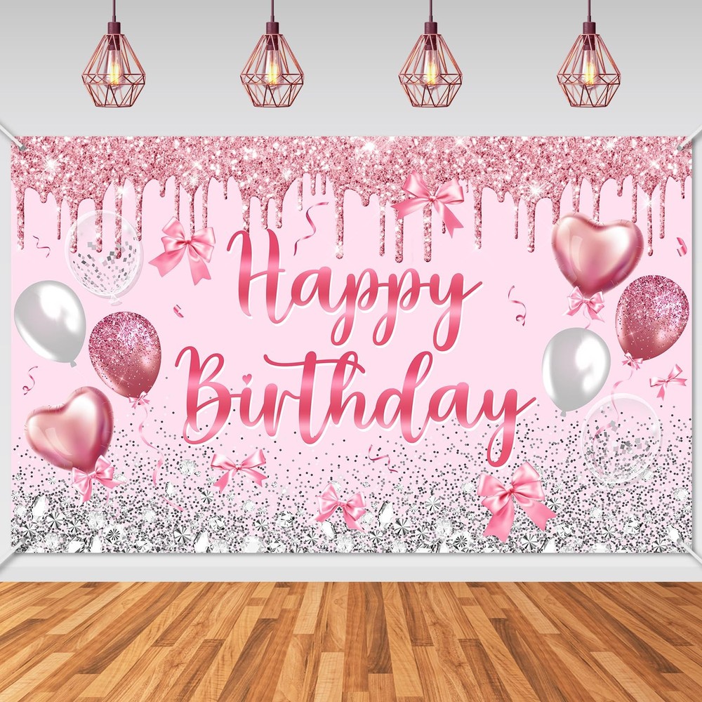 Pink Happy Birthday Banner Bow Rose Gold Princess Happy Birthday Backdrop Pin…