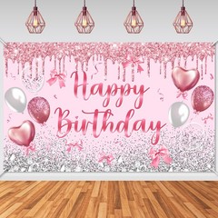 Pink Happy Birthday Banner Bow Rose Gold Princess Happy Birthday Backdrop Pin…