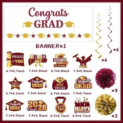 Maroon Graduation Decorations 2026, Glitter Congrats Grad Banner Hanging Swir…