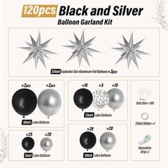 Black and Silver Balloons Garland Arch Kit with 3Pcs Star Balloon, Metallic Sliv