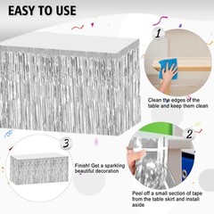 2 Pack 29.5×108 Inch Silver Foil Tinsel Fringe Table Skirts, Disposable Table…