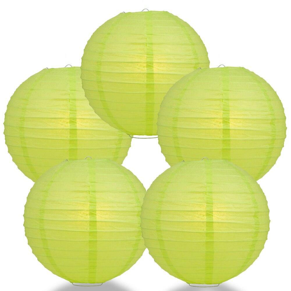 BULK PACK (5) 20″ Light Lime Green Round Paper Lantern, Even Ribbing, Chinese Ha