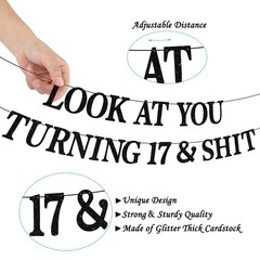 17th Birthday Banner, Decorations, Happy Black Glitter