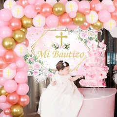 Balterever Pink Baptism Decorations for Girls with Mi Bautizo Backdrop Confir…