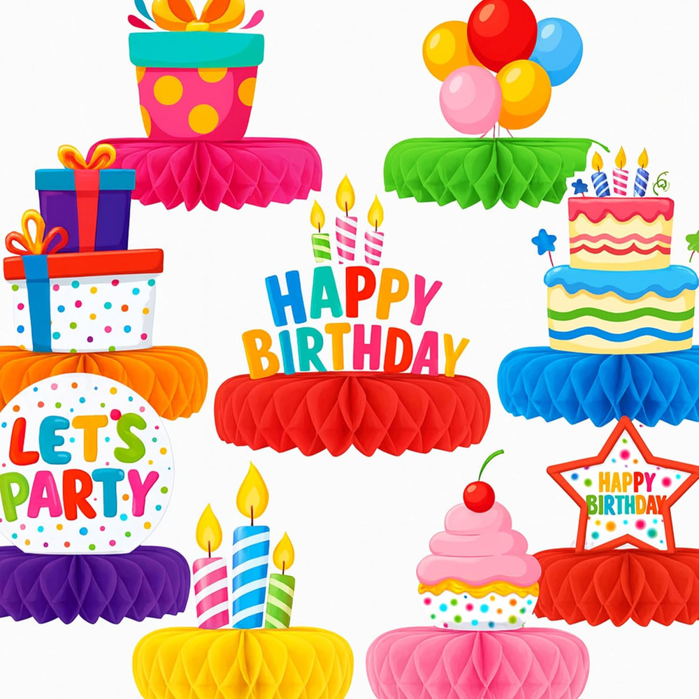 Birthday Party 9 Piece Decorations Set with Honeycomb Centerpiece, Colorful Tabl