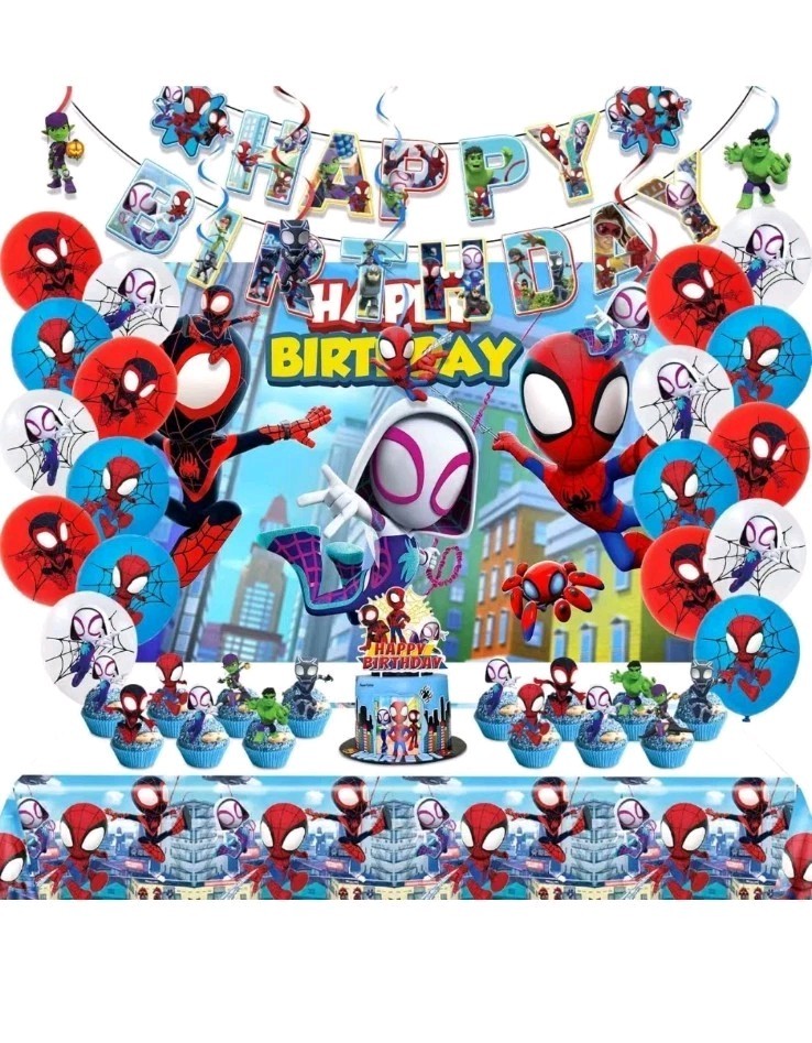 Spidey Birthday Party Decorations,Banner, Backdrop, Balloons, Cake Toppers, More