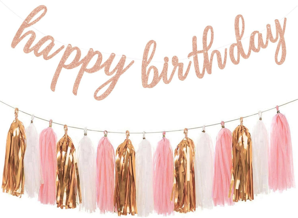 Rose Gold Happy Birthday Decorations – Glittery Rose Gold Happy Birthday Banner