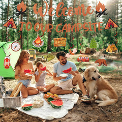 13Pcs Camping Themed Party Decorations Set, Pre-Strung Glitter Welcome to Our Ca