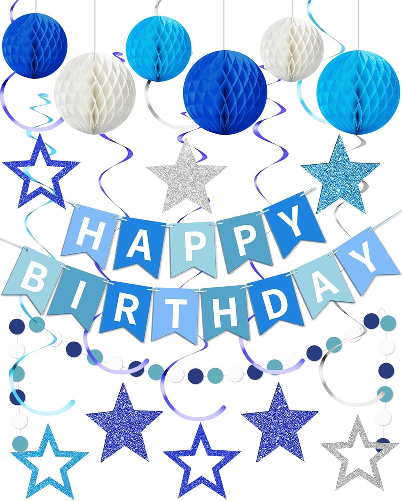 Blue Happy Birthday Decorations, Happy Birthday Banner with Honeycomb Balls, Sta