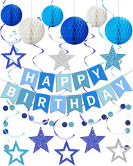 Blue Happy Birthday Decorations, Happy Birthday Banner with Honeycomb Balls, Sta