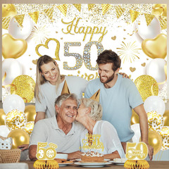 50Th Anniversary Decorations for Couple, White Gold Cheers to 50 Years Wedding P