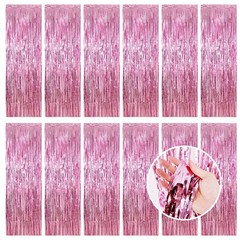 12 PCS Pink Foil Fringe Curtain Party Streamers Backdrop 3.3×8.2 Ft Tinsel