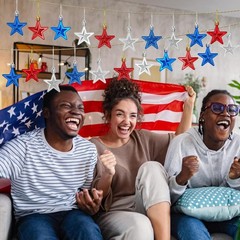 Festive 24PC Patriotic Star Decorations in Red, Silver & Blue – Pre-Hung Design