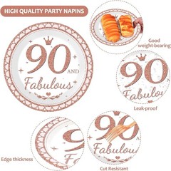 50 Guests 90th Birthday Decorations for Women, Rose Gold 90th Birthday Plates…